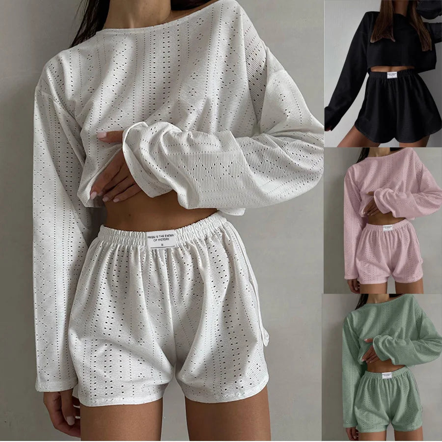 CITSLX Women's Pajamas Set Spring Long Sleeve Tops With Shorts Sleepwear 2 Piece Set Loose Round Neck Home Wear Loungewear Pyjama Femme