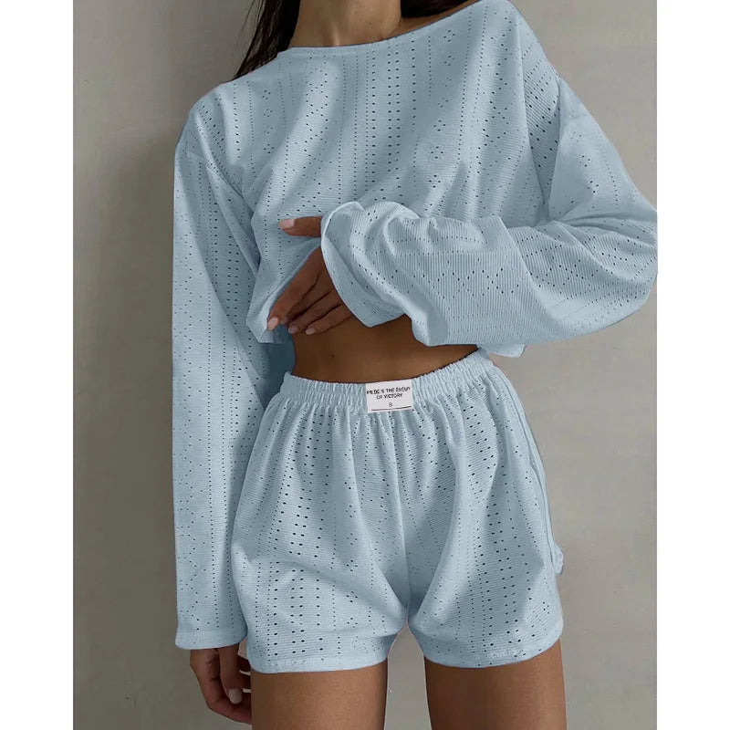 CITSLX Women's Pajamas Set Spring Long Sleeve Tops With Shorts Sleepwear 2 Piece Set Loose Round Neck Home Wear Loungewear Pyjama Femme