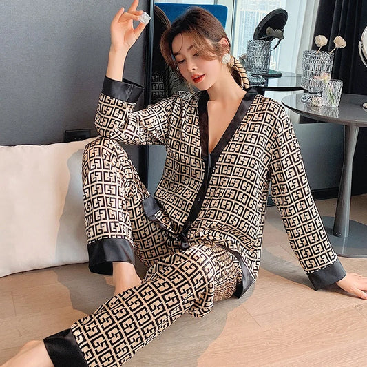 CITSLX Women's Pajamas Set V Neck Design Luxury Cross Letter Print Sleepwear Silk Like Home Clothes XXL Large Size Nightwear