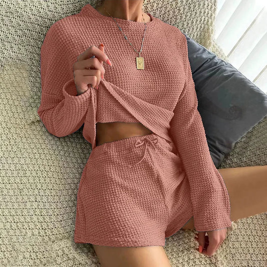 CITSLX Women's Pajamas Sets Waffle Knit Casual Pyjamas Female Pijamas Mujer Homewear Soft Sleepwear Long Sleeve Cami Top Shorts Suit