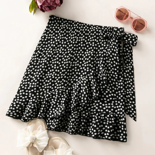 CITSLX Women's Polka Dots Floral Bow Short Loose Lrregular Ruffled Half Skirt