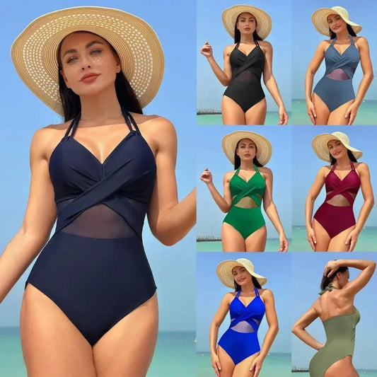 CITSLX Women's Solid Color Mesh Wholesale European and American One-piece Swimsuit  Swimwear Women