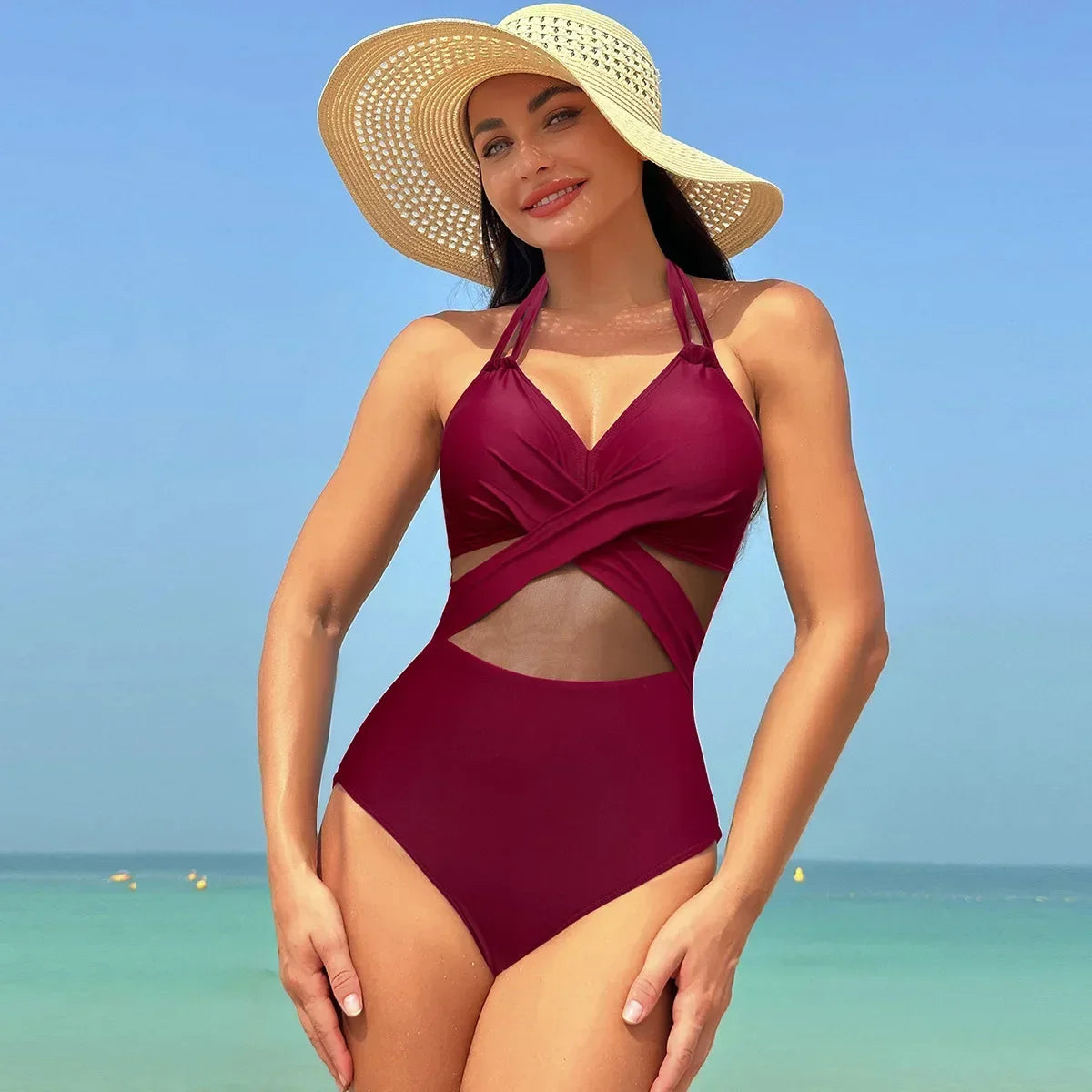 CITSLX Women's Solid Color Mesh Wholesale European and American One-piece Swimsuit  Swimwear Women