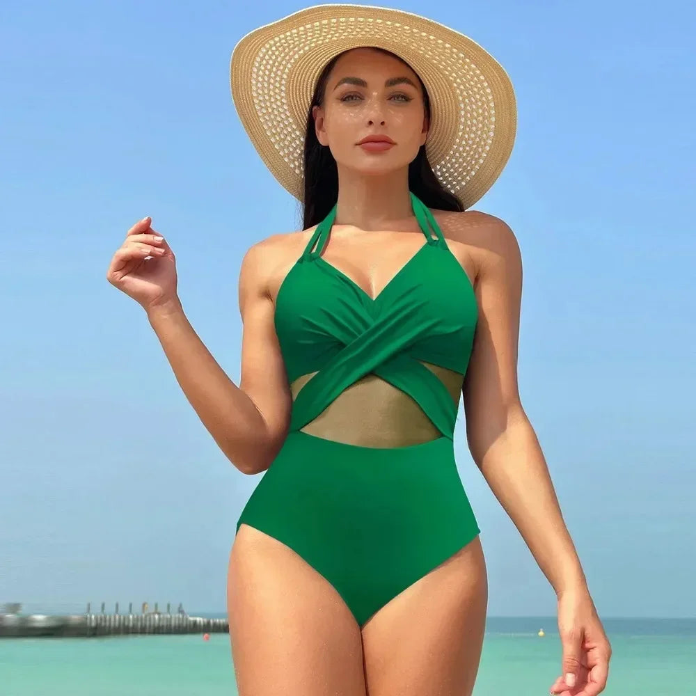 CITSLX Women's Solid Color Mesh Wholesale European and American One-piece Swimsuit  Swimwear Women