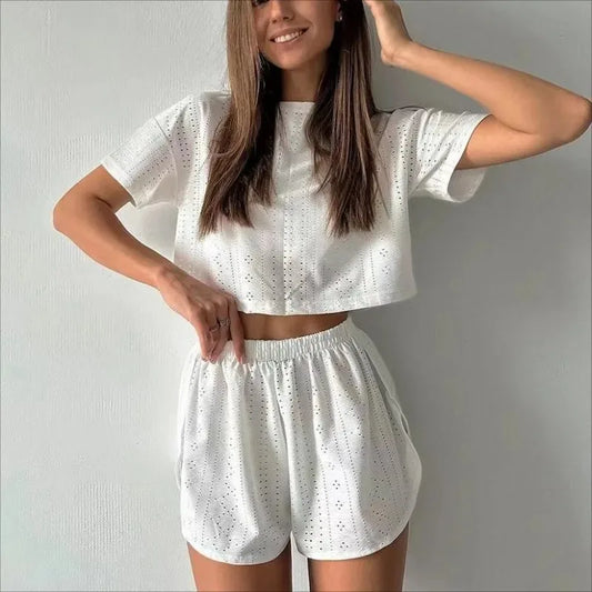 CITSLX Women's Solid Pajamas Set Summer Casual Women's Short Sleeve Tops Shorts Sleepwear 2 Piece Set Loose Round Neck Home Loungewear