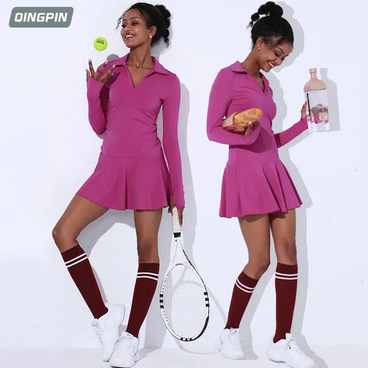 CITSLX Women's Sports One Piece Tennis Dress Nude Fitness Long Sleeve High Neck Badminton Sports Skirt Tennis Dress Women