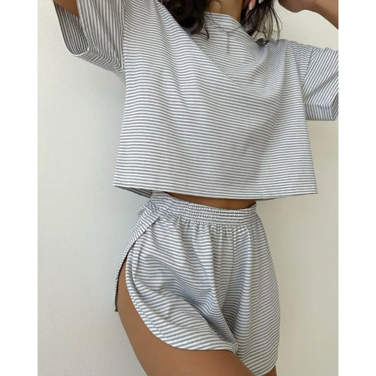 CITSLX Women's Stripe Knit Pajamas Set Summer Short Sleeve Shorts Sleepwear 2 Piece Set For Women Home Casual Loose Round Neck Suit