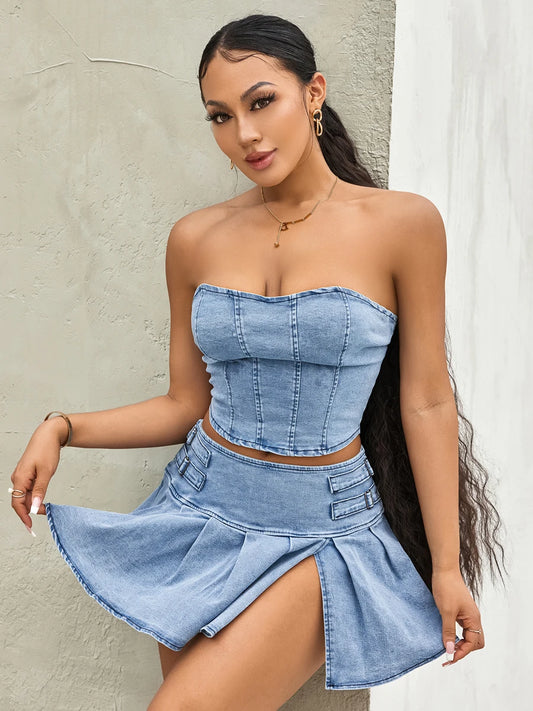 CITSLX Women's Summer 2PCS Outfit Sets Solid Color Sleeveless Off Shoulder Zipper Bandeau + Pleated Denim Skirt