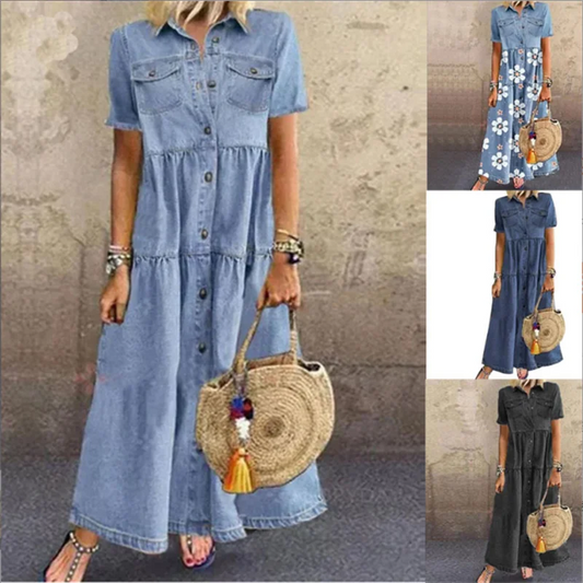 CITSLX Women's Summer European And American Style New Stitching Long  Temperament Large Swing Skirt Slim Multi-Button Denim Dress