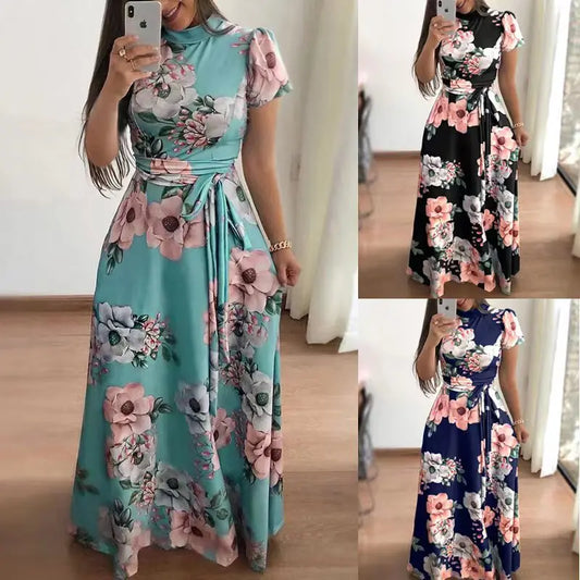 CITSLX Women's Summer Long Super Long Dress 2024 Casual Short Sleeve Flower Print Dresses Casual High Collar Bandage Vestidos S-5XL