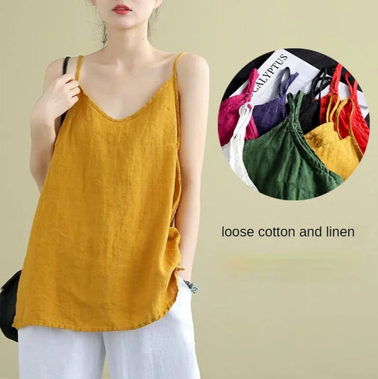 CITSLX Women's Summer Top Cotton Linen Spaghetti Strap Top Women Halter V Neck Basic Yellow Sleeveless Tank Tops Loose Casual Camis