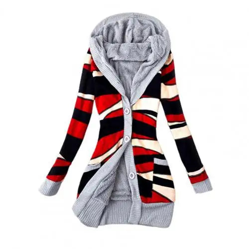 CITSLX Women's Sweater Coat Striped Print Long Sleeve Autumn Winter  Hoodie Buttons Closure Plush Lining Sweater Cardigan Outerwear