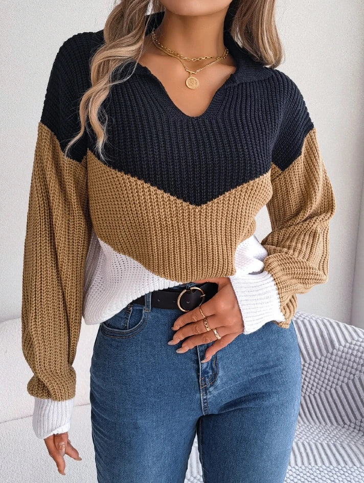 CITSLX Women's Sweater Street Trendy 2024 Winter Basic Casual Lapel Collar Contrast Long Sleeved Loose Fit Knitted Pullover Sweater