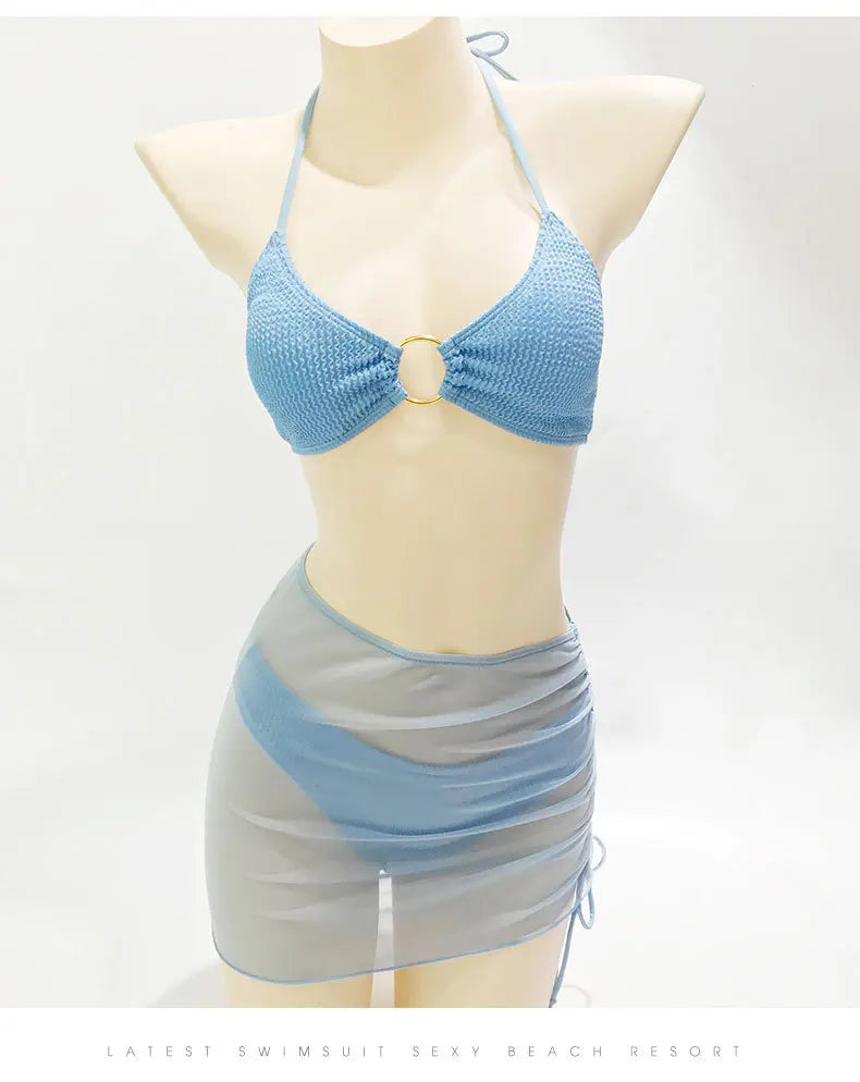 CITSLX Women's Three-Piece Split Bikini Set, Sky Blue Swimsuit, Sexy Swimwear with Cover Up Skirt, European and American Swimsuit