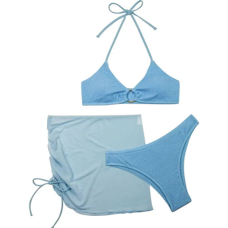 CITSLX Women's Three-Piece Split Bikini Set, Sky Blue Swimsuit, Sexy Swimwear with Cover Up Skirt, European and American Swimsuit