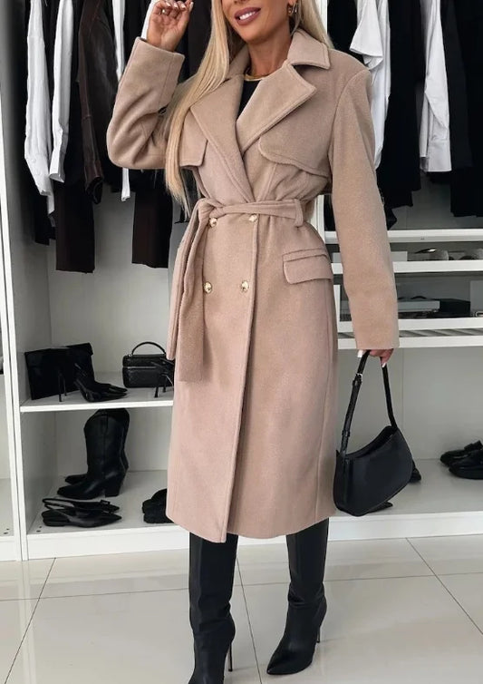 CITSLX Women's Winter Coat 2025 Autumn Woolen Trench Coat Lace Up Solid Color Elegant Stand Up Collar Long Sleeved Temperament Jacket