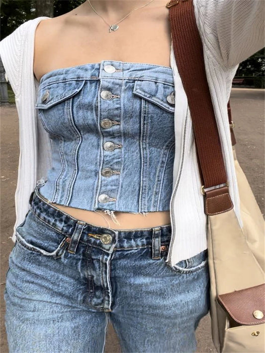 CITSLX Women's Y2k Denim Tube Top Solid Color Strapless Wrap Chest Vest Summer Off Shoulder Button Tank Top 90s Vintage Streetwear