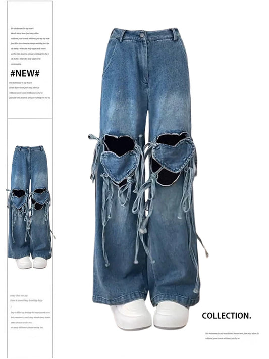 CITSLX Women's Y2k Jeans Harajuku 90s Aesthetic Baggy Bandage Denim Trousers Korean Heart Hollow Out Jean Pants Vintage 2000s Clothes