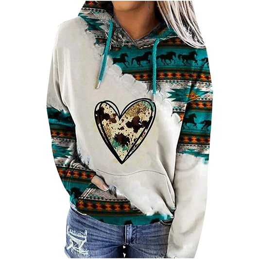 CITSLX Womens Casual Geometric Horse Print Long Sleeve Drawstring Pullover Tops, Ethnic Style Hooded Sweatshirt plus size women clothin