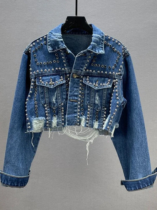 CITSLX Womens Denim Jacket 2024 Spring Summer New In Heavy Industry Rivet Studded Jean Jacket Women Worn Nail Bead Jean Jacket Top