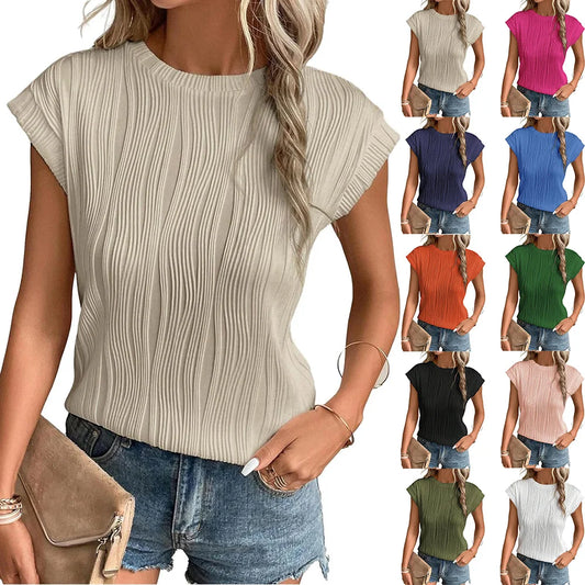 CITSLX Womens Short Sleeve Textured Tops Crewneck Knit Solid Loose Casual Basic T Shirts Tee Blouses