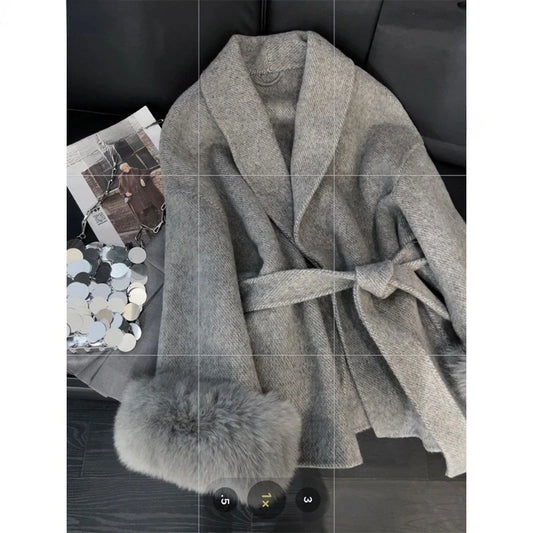 CITSLX Wool & Blends Overcoats Women Faux Fur Long Sleeve Coat Office Lady Trench Winter Clothes Top Grey Jackets Vintage Streetwear