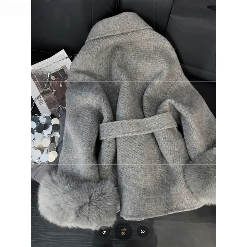 CITSLX Wool & Blends Overcoats Women Faux Fur Long Sleeve Coat Office Lady Trench Winter Clothes Top Grey Jackets Vintage Streetwear