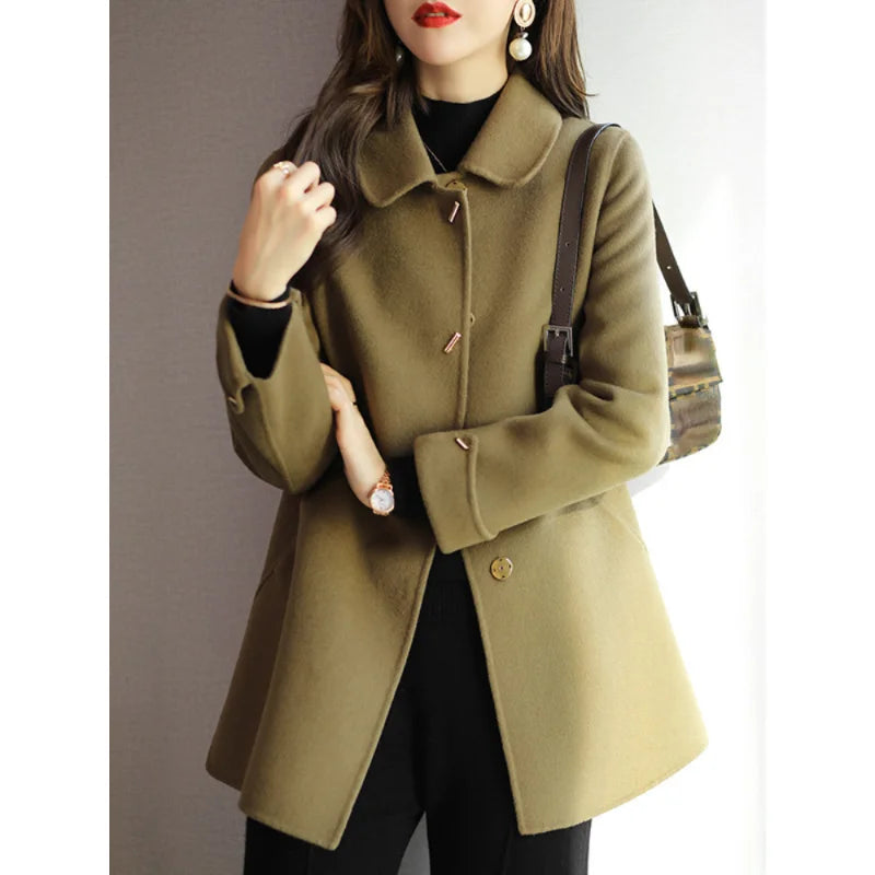 CITSLX Woolen Coat Slim Fashion Office Lady Square Collar Single Breasted Winter Coats for Women 2025 Wide-waisted Pocket Black Coat