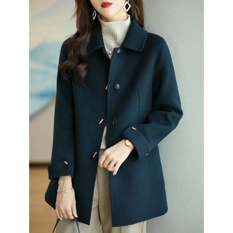 CITSLX Woolen Coat Slim Fashion Office Lady Square Collar Single Breasted Winter Coats for Women 2025 Wide-waisted Pocket Black Coat