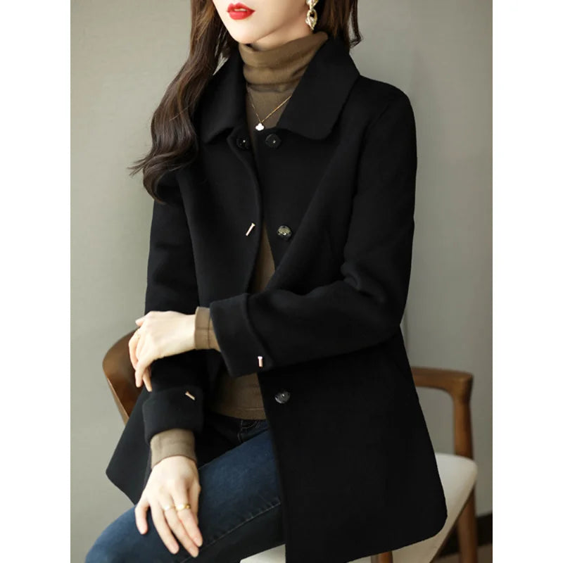 CITSLX Woolen Coat Slim Fashion Office Lady Square Collar Single Breasted Winter Coats for Women 2025 Wide-waisted Pocket Black Coat