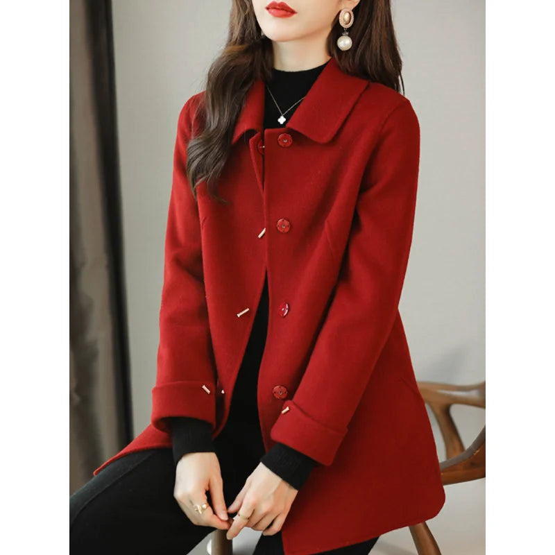 CITSLX Woolen Coat Slim Fashion Office Lady Square Collar Single Breasted Winter Coats for Women 2025 Wide-waisted Pocket Black Coat