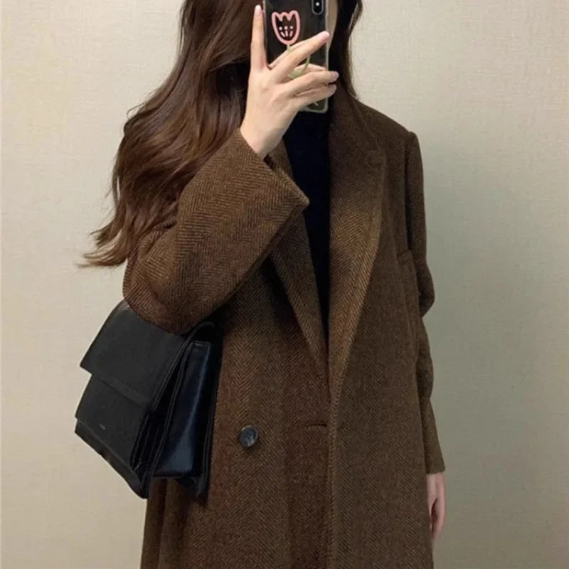 CITSLX Woolen Coat Women Autumn Winter Solid Elegant Korean Jacket Thick Wool Blazer Casual Mid-Length Single-Button Lapel Coat Outwear