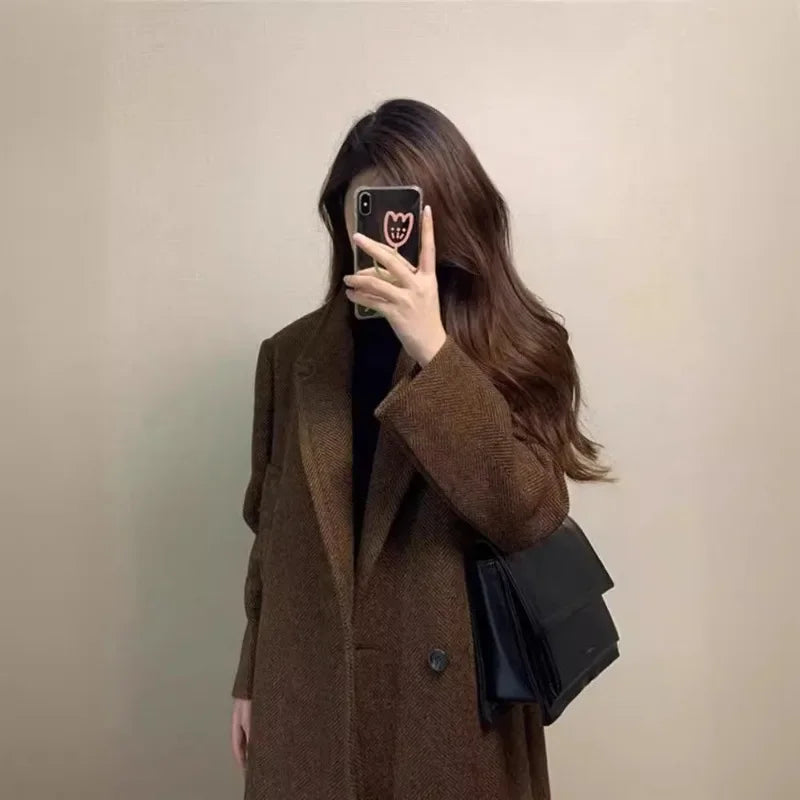 CITSLX Woolen Coat Women Autumn Winter Solid Elegant Korean Jacket Thick Wool Blazer Casual Mid-Length Single-Button Lapel Coat Outwear