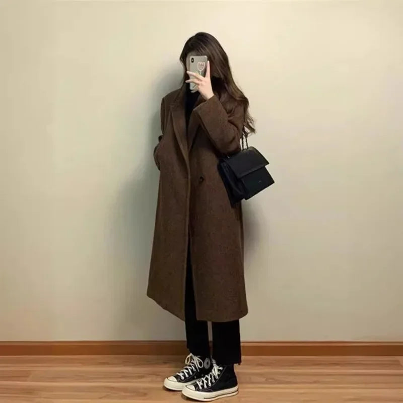 CITSLX Woolen Coat Women Autumn Winter Solid Elegant Korean Jacket Thick Wool Blazer Casual Mid-Length Single-Button Lapel Coat Outwear