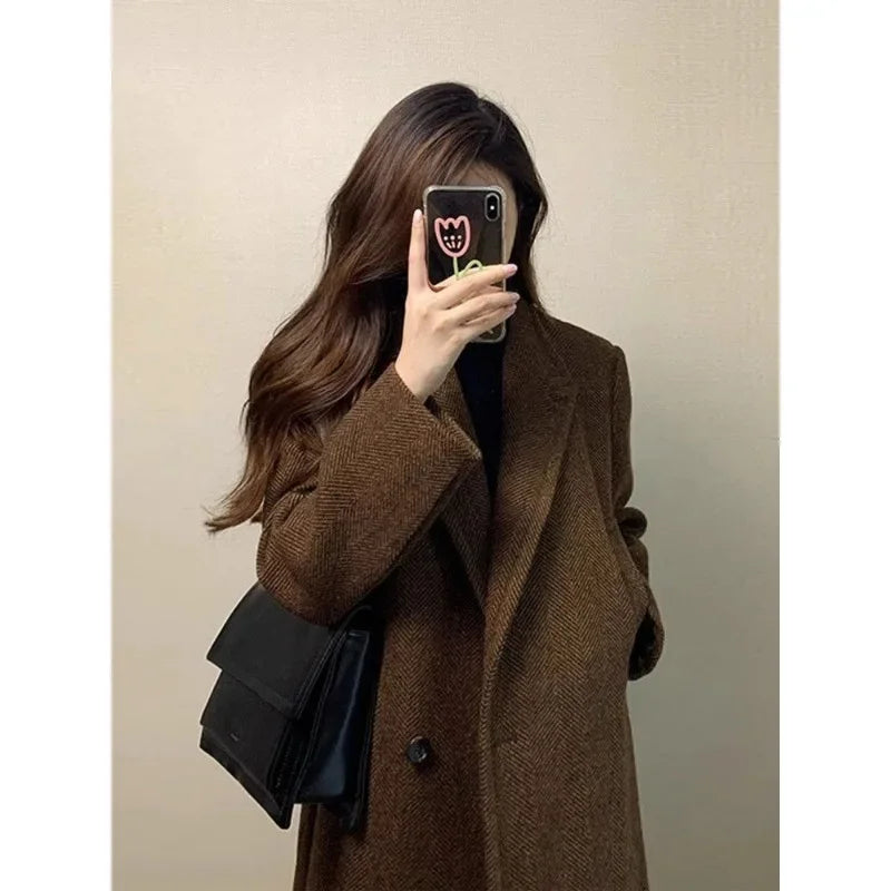 CITSLX Woolen Coat Women Autumn Winter Solid Elegant Korean Jacket Thick Wool Blazer Casual Mid-Length Single-Button Lapel Coat Outwear