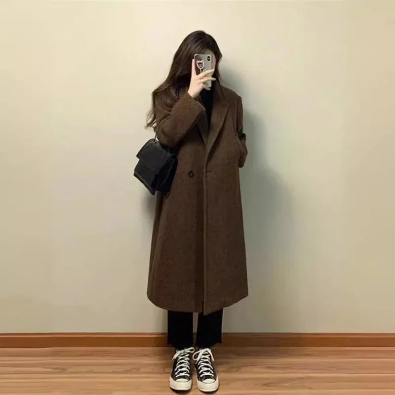 CITSLX Woolen Coat Women Autumn Winter Solid Elegant Korean Jacket Thick Wool Blazer Casual Mid-Length Single-Button Lapel Coat Outwear