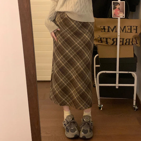 CITSLX Woolen Plaid Midi Skirt with Belt High Waist A-line Long Tartan Skirt Women Preppy Academia Fall Winter Outfit