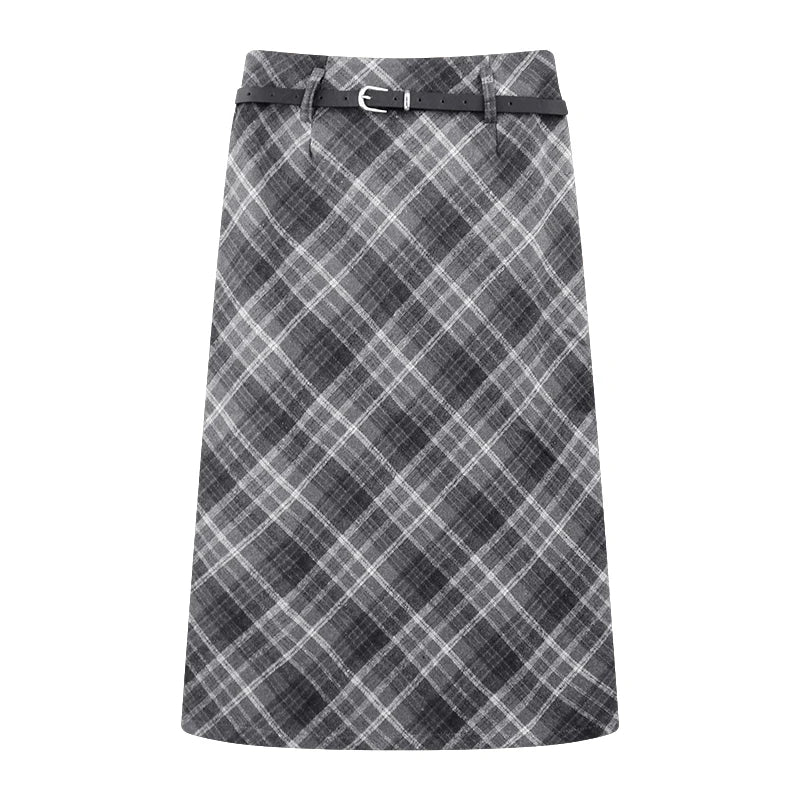 CITSLX Woolen Plaid Midi Skirt with Belt High Waist A-line Long Tartan Skirt Women Preppy Academia Fall Winter Outfit