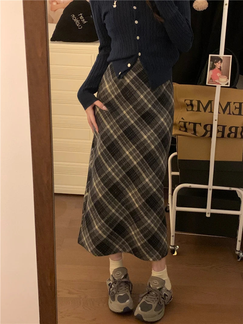 CITSLX Woolen Plaid Midi Skirt with Belt High Waist A-line Long Tartan Skirt Women Preppy Academia Fall Winter Outfit