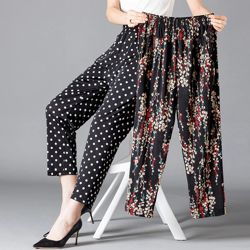 CITSLX XL-8XL Summer Women Harem Pants Casual High Waist Pants Printed Elastic Waist Middle Aged Women Trousers Summer Bottoms