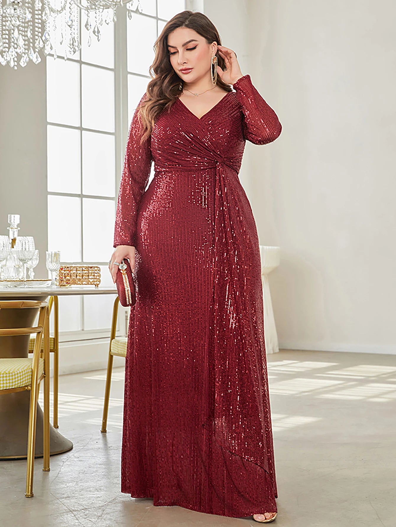 CITSLX XUIBOL Glamorous sequin party dress with a luxurious V-neck and long sleeves evening gown.