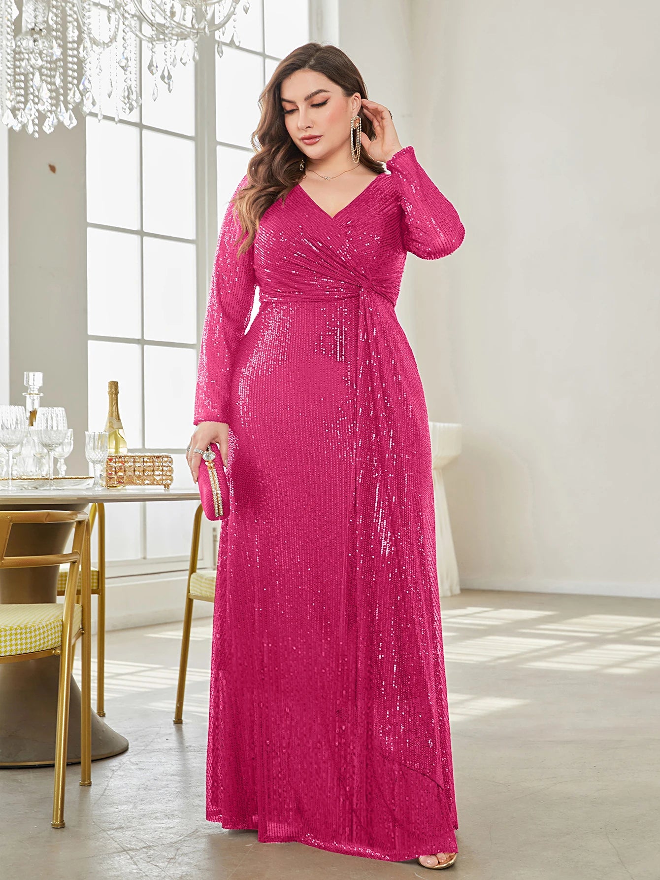 CITSLX XUIBOL Glamorous sequin party dress with a luxurious V-neck and long sleeves evening gown.