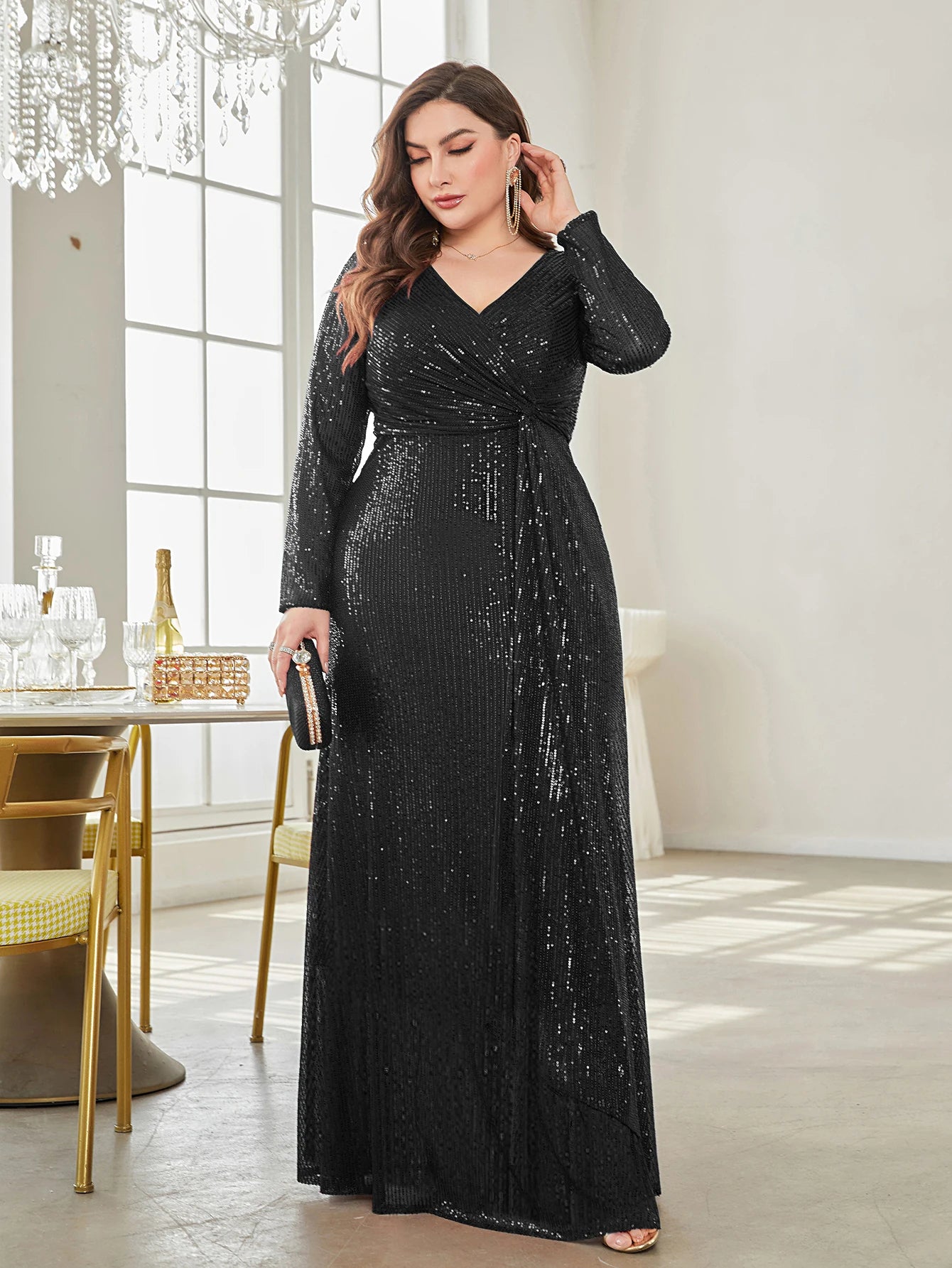 CITSLX XUIBOL Glamorous sequin party dress with a luxurious V-neck and long sleeves evening gown.