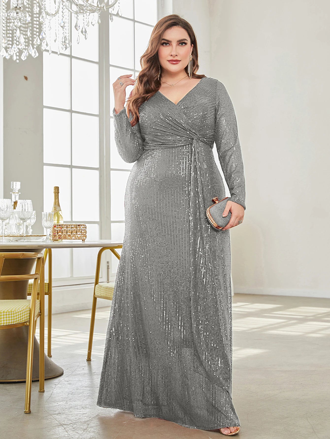 CITSLX XUIBOL Glamorous sequin party dress with a luxurious V-neck and long sleeves evening gown.