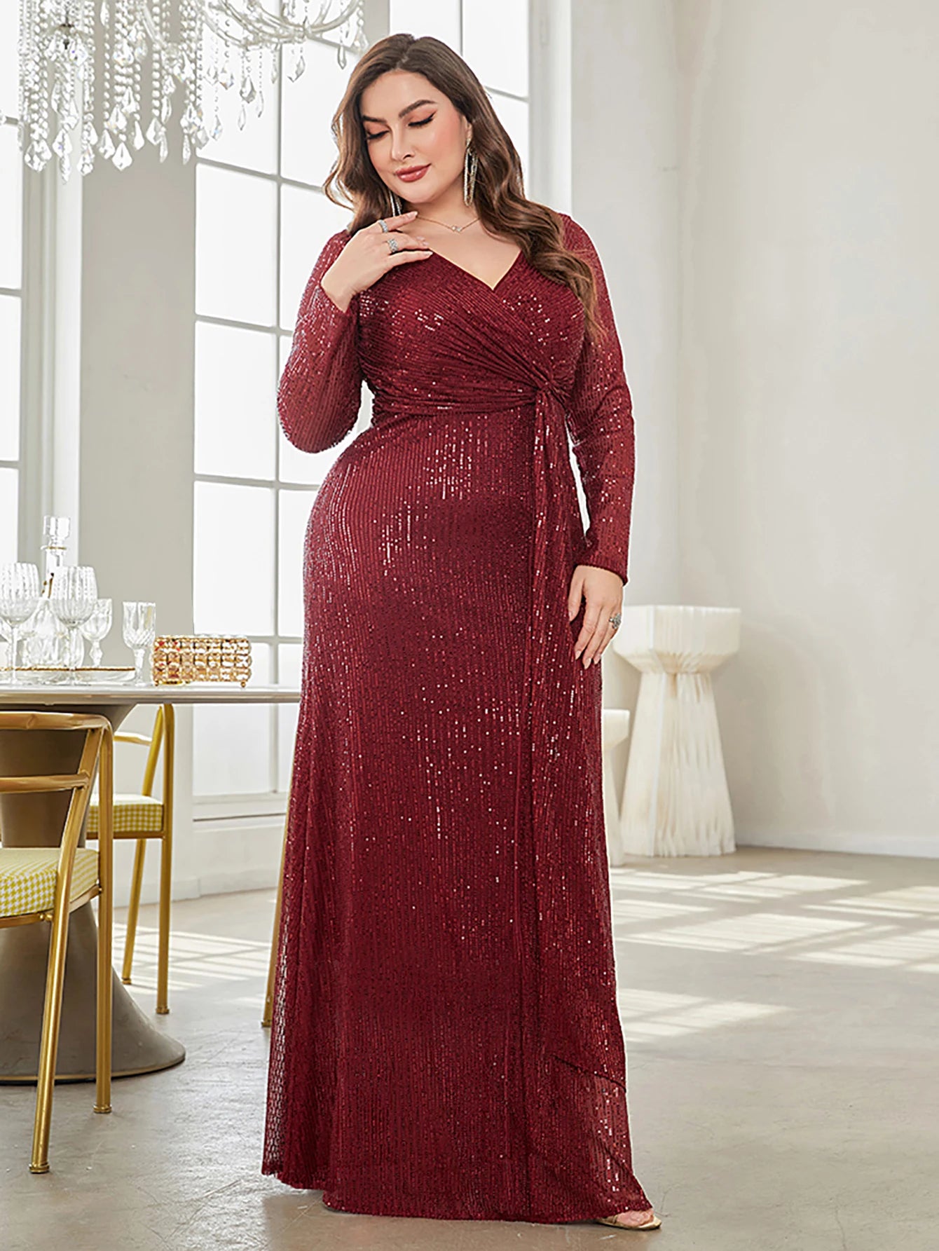 CITSLX XUIBOL Glamorous sequin party dress with a luxurious V-neck and long sleeves evening gown.