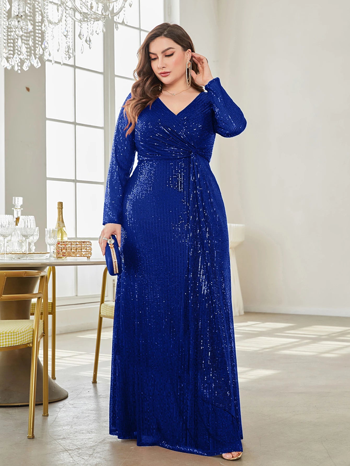 CITSLX XUIBOL Glamorous sequin party dress with a luxurious V-neck and long sleeves evening gown.