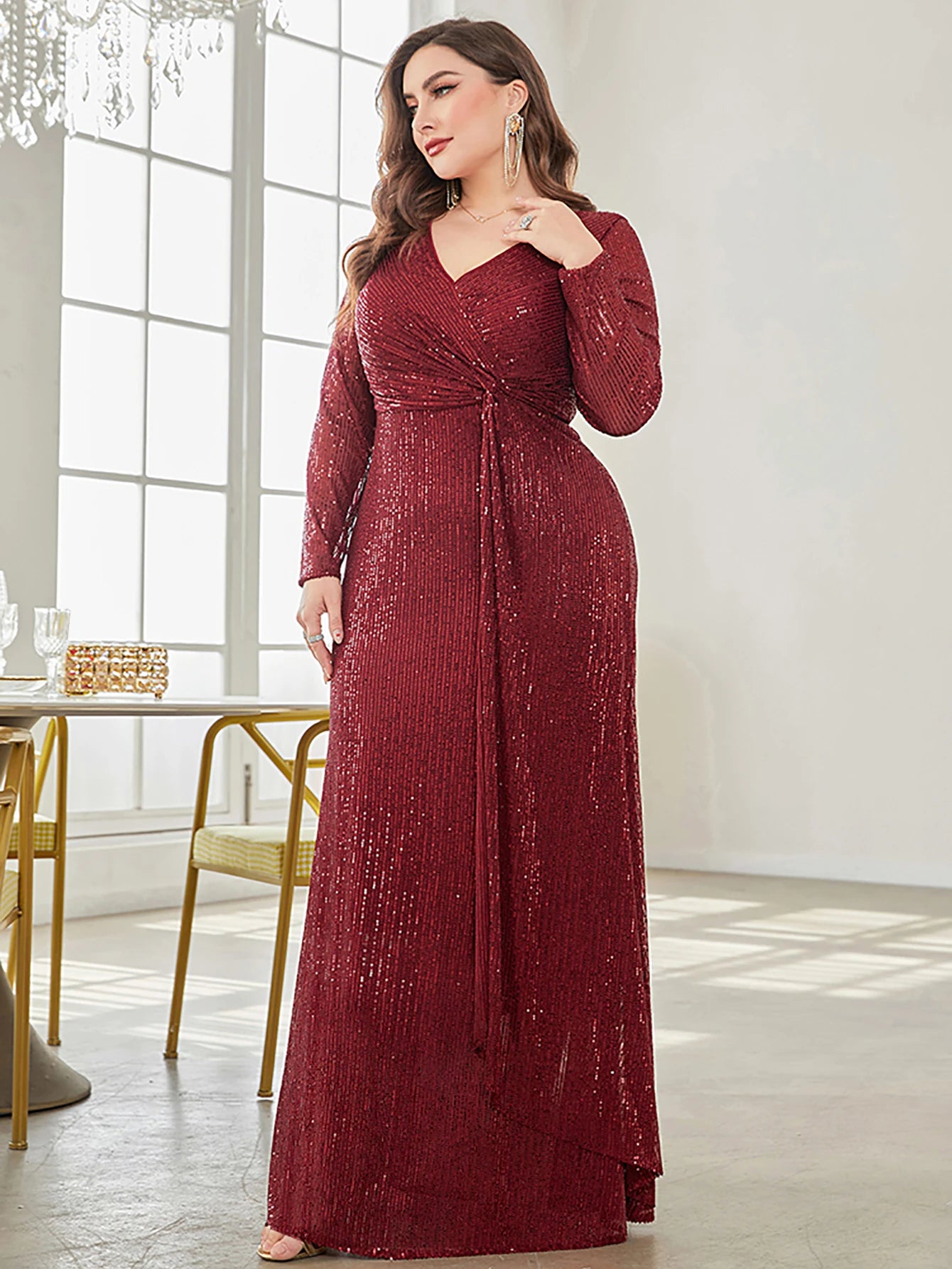 CITSLX XUIBOL Glamorous sequin party dress with a luxurious V-neck and long sleeves evening gown.