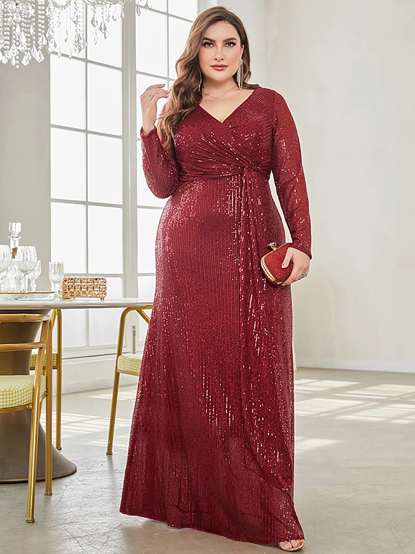 CITSLX XUIBOL Glamorous sequin party dress with a luxurious V-neck and long sleeves evening gown.