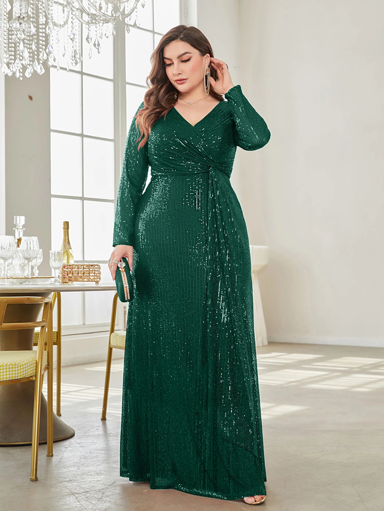 CITSLX XUIBOL Glamorous sequin party dress with a luxurious V-neck and long sleeves evening gown.