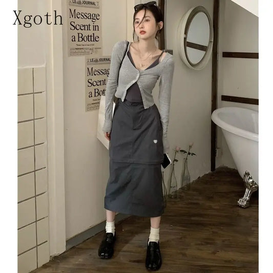 CITSLX Xgoth Chic Three-piece Suit Korean Retro Skirt Contrast Button Slim Fit Sunscreen Cardigan Bottom Vest Hot Girls Female Outfits